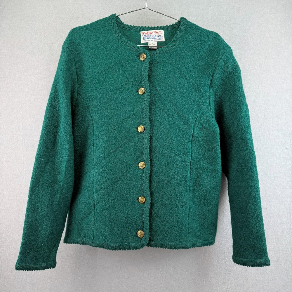 Tally-Ho Vintage Green 100% Wool Cardigan Sweater Ornate Gold Buttons Womens L